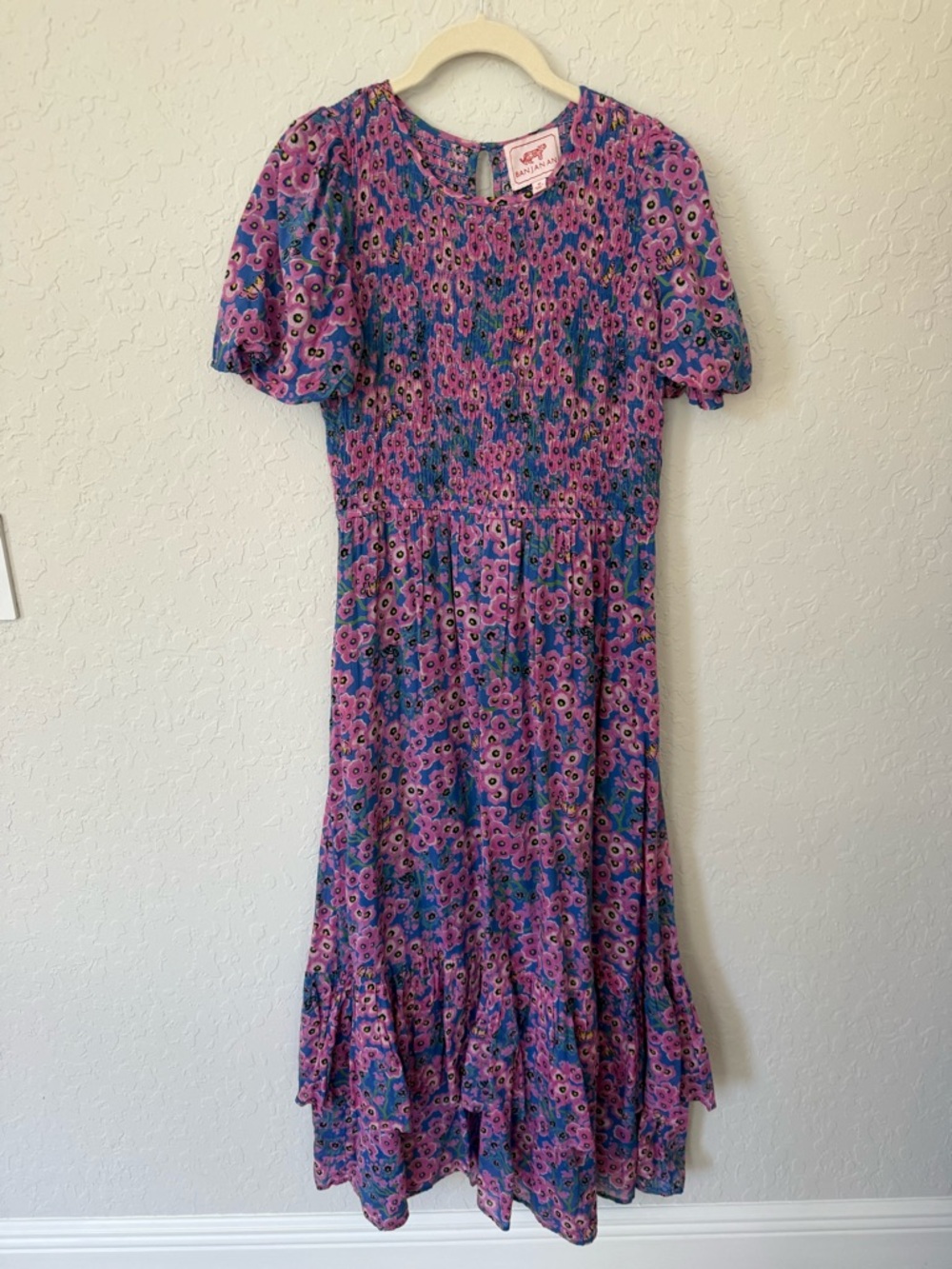 Banjanan Quant Midi Dress Pink & Blue Floral Smocked Top Size Medium